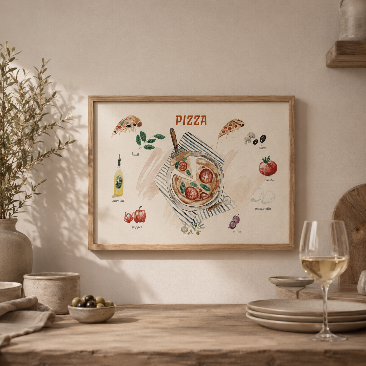 Watercolor Pizza Poster Kitchen Wall Art