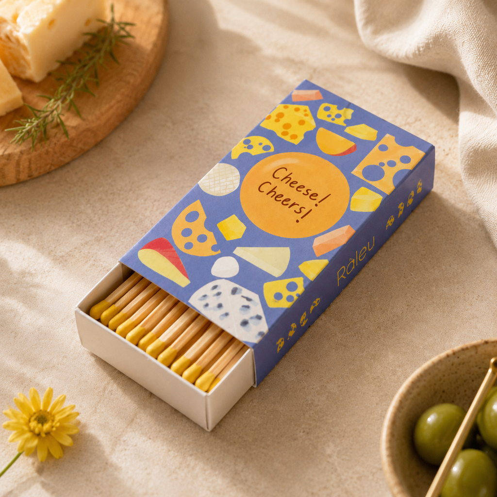 A box of Raleau cheese-themed crackers sits open on a beige fabric surface, surrounded by styled food props including cheese wedges, olives, and a small yellow flower. The box lid is decorated with colorful illustrations of cheese and the words 'Cheese! Cheers!'.